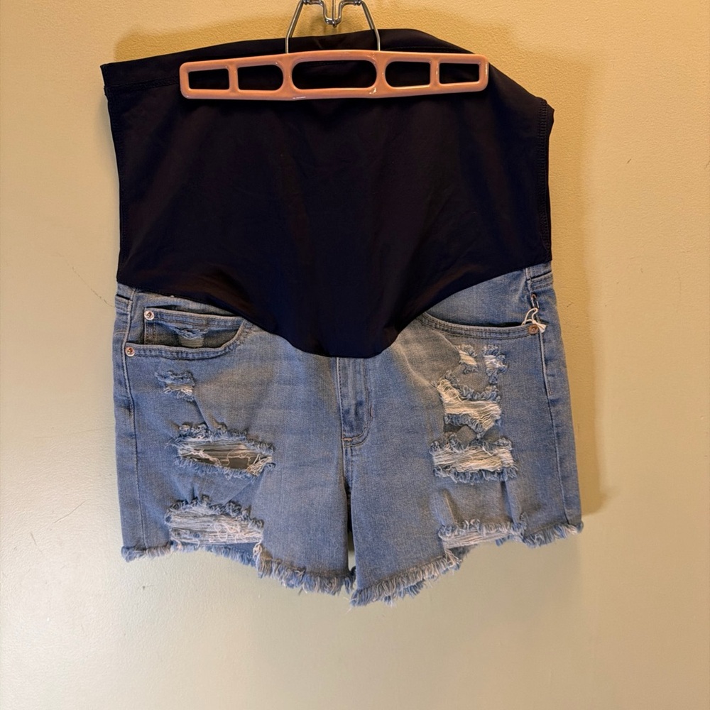 PinkBlush Maternity Distressed Denim Shorts Size 31 Blue Jean Belly Band NWT